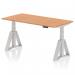 The desk is a sleek and modern office desk with a smooth oak top and silver legs. The innovative design allows for easy sit-stand transitions and height adjustments of 1600 x 800mm. The Piste foot provides stability and adds a touch of style to the overall look.