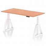 This image features a dynamic sit stand and height adjustable desk, measuring 1600 x 800mm, with a beech top and white leg. The desk has a Piste foot and is perfect for any office setting. Its modern design allows for comfortable and versatile use throughout the work day.