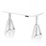 The picture shows a sleek and modern office desk with a white top and white legs. The desk is 1400 x 800mm in size and features a dynamic sit stand design with height adjustability. It also has an additional Piste Foot for added support and comfort.