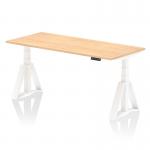 The photo is a top view of a modern office desk with a maple top and white legs. The desk can be adjusted in height, and its unique piste foot design adds a touch of style. It has a sleek and dynamic appearance, perfect for a versatile and ergonomic workspace.