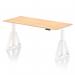 The photo is a top view of a modern office desk with a maple top and white legs. The desk can be adjusted in height, and its unique piste foot design adds a touch of style. It has a sleek and dynamic appearance, perfect for a versatile and ergonomic workspace.