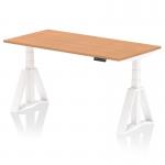 The image is of a modern workplace setup featuring a dynamic sit stand desk with air technology. The desk has a 1600x800mm oak top and white legs with a piste foot for added stability. Its height is adjustable to accommodate various preferences.