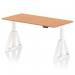The image is of a modern workplace setup featuring a dynamic sit stand desk with air technology. The desk has a 1600x800mm oak top and white legs with a piste foot for added stability. Its height is adjustable to accommodate various preferences.