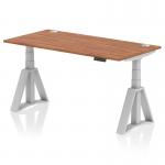 The image shows a sleek and modern dynamic sit stand and height adjustable desk. The desk has a walnut top with cable ports, supported by silver legs and a piste foot for stability. Its size is 1600 x 800mm, making it a suitable addition for any office space.