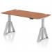 The image shows a sleek and modern dynamic sit stand and height adjustable desk. The desk has a walnut top with cable ports, supported by silver legs and a piste foot for stability. Its size is 1600 x 800mm, making it a suitable addition for any office space.