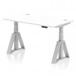 This picture features a dynamic sit stand and height adjustable desk, measuring 1400 x 800mm. The desk has a white top, cable ports, and silver legs with a piste foot. Its versatile design allows for customizable height and movement for a comfortable and efficient workspace.