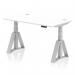 This picture features a dynamic sit stand and height adjustable desk, measuring 1400 x 800mm. The desk has a white top, cable ports, and silver legs with a piste foot. Its versatile design allows for customizable height and movement for a comfortable and efficient workspace.