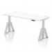 The photo shows a sleek white desk with a silver leg and piste foot, featuring a spacious 1800 x 800mm surface. The desk is height adjustable, allowing the user to switch between sitting and standing positions. Convenient cable ports are also visible on the desks top surface.