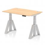 The photograph shows a dynamic sit stand and height adjustable desk measuring 1200 x 800mm. The desk features a maple top, cable ports, silver legs, and a piste foot. It can be adjusted to the desired height for maximum comfort and productivity.