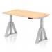 This picture shows a dynamic sit-stand and height adjustable desk, measuring 1400 x 800mm, with a maple wood top and silver legs. It also features cable ports and a piste foot for added convenience and functionality.