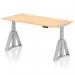 This image showcases a sleek and modern Dynamic Sit Stand and Height Adjustable Desk. The desk features a maple top with cable ports and silver legs, paired with a Piste Foot for added stability. It measures 1600 x 800mm and is sure to elevate any office space.