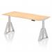 This photo features a sleek and modern Dynamic Sit Stand and Height Adjustable Desk. Standing at 1800 x 800mm, it has a beautiful maple top and silver legs with a Piste Foot for added stability. Cable ports are also included for a clean and organized workspace.