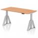 The image shows a sleek and modern office desk with a 1600 x 800mm oak top and silver legs. It features dynamic sit stand and height adjustable capabilities, as well as cable ports and a piste foot for added functionality. The overall design exudes a professional and ergonomic feel.