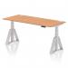 This photo features a sleek and modern office desk measuring 1800 x 800mm. The desk is height adjustable and features a charming oak top and sturdy silver legs. It also includes convenient cable ports and a piste foot for added stability.