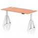 The image shows a dynamic sit stand desk with a height adjustable feature. It is 1600 x 800mm in size with a beech top and white legs. The desk also has built-in cable ports for organization. The unique piste foot adds stability and style to the desk.