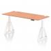 This photo shows a 1800 x 800mm dynamic sit stand and height adjustable office desk. It features a beech top, cable ports, and a white leg with a piste foot. Perfect for creating a versatile and functional workspace.