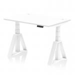The photograph shows a sleek and modern 1200 x 800mm white office desk with adjustable height and sit-stand capability. The desk has cable ports for organization and a white leg with a unique piste foot design.