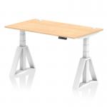 This picture shows a sleek and modern office desk with a maple top and white leg. It features a dynamic sit stand and height adjustable design, measuring 1400 x 800mm. The desk also includes convenient cable ports and a piste foot for added stability.