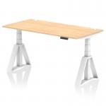The image shows a 1600x800mm maple top office desk with cable ports and a white leg, featuring a piste foot for height adjustability. The modern design and sleek finish give it a dynamic, versatile look, making it the perfect addition to any workspace.
