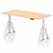 The image shows a 1600x800mm maple top office desk with cable ports and a white leg, featuring a piste foot for height adjustability. The modern design and sleek finish give it a dynamic, versatile look, making it the perfect addition to any workspace.