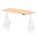 This photo features a dynamic sit stand and height adjustable desk with an air 1800 x 800mm maple top, white legs, and piste foot. The desk also includes cable ports for a neat and organized workspace.