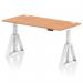 The image shows a modern office desk with a sleek oak top and white legs. The desk is equipped with cable ports for easy organization and a piste foot for stability. It is also height adjustable, allowing for versatile use.