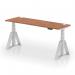 The photo shows a sleek and modern office desk with a 1800x600mm walnut top, supported by silver legs and a piste foot. The desk is height adjustable and features cable ports for a clutter-free workspace. Its dynamic design allows for easy transition between sitting and standing positions.