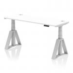 The image shows a white top office desk with silver legs and a Piste Foot for stability. The desk is equipped with cable ports and has the capability to adjust to different heights, making it versatile and conducive for working while sitting or standing.