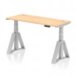 This picture features a modern and ergonomic dynamic sit stand desk. The desk has a maple top and a silver leg with a piste foot for stability. It also has cable ports for a clutter-free workspace. The desk measures 1400 x 600mm and is height adjustable for versatile use. Perfect for a comfortable and efficient office setup.