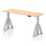 The image shows a spacious 1600 x 600mm maple top desk with a sleek silver leg and piste foot design. It features cable ports and can be easily adjusted in height for a comfortable sit or stand option, making it perfect for a dynamic and versatile office space.