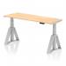 The image shows a spacious 1600 x 600mm maple top desk with a sleek silver leg and piste foot design. It features cable ports and can be easily adjusted in height for a comfortable sit or stand option, making it perfect for a dynamic and versatile office space.