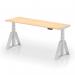 The photo shows a spacious workspace with a dynamic sit stand and height adjustable desk. The desk features a 1800 x 600mm maple top, cable ports, and silver legs with a piste foot. The adjustable design allows for a comfortable and ergonomic work experience.