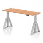 This image showcases a modern, sleek office desk that is both dynamic and versatile. The desk features a 1600 x 600mm oak top, with height adjustability, cable ports, and a silver leg with a piste foot for added stability. Perfect for any ergonomic workspace.