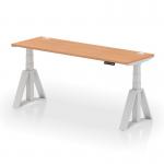 This photo shows a sleek and modern office desk with an oak top and silver legs. The desk is height adjustable and has cable ports for organization. The unique Piste Foot adds a touch of style to this dynamic sit stand desk.