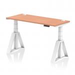 The picture shows a dynamic sit stand and height adjustable desk, measuring 1400 x 600mm. The desk features a beech top with cable ports, white legs, and a piste foot. It can be adjusted to various heights to accommodate different working preferences and needs.