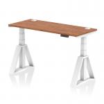 This picture shows a modern Dynamic Sit Stand and Height Adjustable Desk with a 1400 x 600mm walnut top. The desk has cable ports for a clean workspace and a sleek white leg with a piste foot. Perfect for a versatile and ergonomic office setup.
