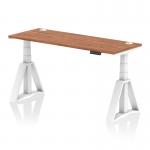 This image shows a sleek and modern dynamic sit-stand desk with a walnut top and white legs. The desk is 1600 x 600mm with height adjustability and cable ports, and features a unique piste foot design. The overall look is clean, functional, and versatile for any office space.