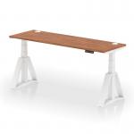 This photo shows a sleek and modern dynamic sit stand and height adjustable desk. The desk has a walnut top and white legs, with cable ports for easy organization. The piste foot adds extra stability and style.