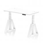 A sleek and modern white top desk with cable ports and a piste foot for added stability. Its dynamic sit stand and height adjustable features make it a versatile option for any office.