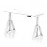 This picture shows a sleek and modern white desk with adjustable height and a spacious 1400 x 600mm surface. It features built-in cable ports and a stylish white leg with a piste foot. The dynamic sit stand functionality makes it perfect for any office setting.