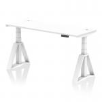 This image showcases a sleek, modern office desk measuring 1600 x 600mm with a white top and white leg. The desk is equipped with cable ports and a piste foot for added convenience. It is also height adjustable, allowing for a dynamic sit stand experience.