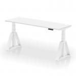 The photo shows a sleek white top desk with adjustable height and cable ports, supported by a white leg and piste foot. It offers a dynamic sit-stand option, perfect for creating a more ergonomic and comfortable working environment.