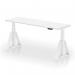 The photo shows a sleek white top desk with adjustable height and cable ports, supported by a white leg and piste foot. It offers a dynamic sit-stand option, perfect for creating a more ergonomic and comfortable working environment.
