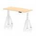 The photograph shows a dynamic sit stand and height adjustable desk, measuring 1200 x 600mm. The desk has a maple top, cable ports, and a white leg with a piste foot. It is a sleek and versatile office desk with modern features.