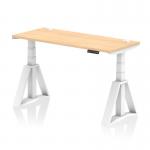 This picture shows a sleek and modern dynamic sit stand desk, measuring 1400 x 600mm, with a maple top and white leg. The desk is height adjustable and includes cable ports and a piste foot for stability.
