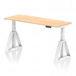 The dynamic sit stand and height adjustable desk features a spacious 1600 x 600mm maple top with cable ports. The modern white leg with piste foot adds a sleek touch. This versatile office desk can easily adjust to your desired height, promoting a healthier and more ergonomic work environment.