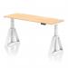 The dynamic sit stand and height adjustable desk features a spacious 1600 x 600mm maple top with cable ports. The modern white leg with piste foot adds a sleek touch. This versatile office desk can easily adjust to your desired height, promoting a healthier and more ergonomic work environment.