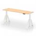 The photo shows a sleek, modern office desk with a maple top and white adjustable legs. Cable ports and a Piste Foot allow for easy organization and customizable height options. The dynamic design of this 1800 x 600mm desk is perfect for any active workspace.