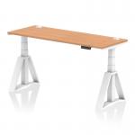 This image shows a sleek and modern office desk with a 1600 x 600mm oak top that is both dynamic and functional. The desk is equipped with cable ports and a white leg with piste foot for added support. Its height is also adjustable, allowing for comfortable sitting or standing positions throughout the work day.