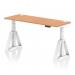 This image shows a sleek and modern office desk with a 1600 x 600mm oak top that is both dynamic and functional. The desk is equipped with cable ports and a white leg with piste foot for added support. Its height is also adjustable, allowing for comfortable sitting or standing positions throughout the work day.